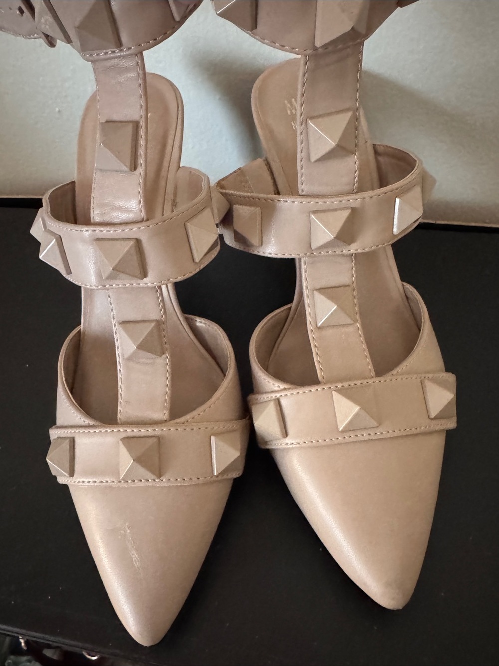 Mix No. 6 Nude Studded Pointed-Toe T-Strap Heels
